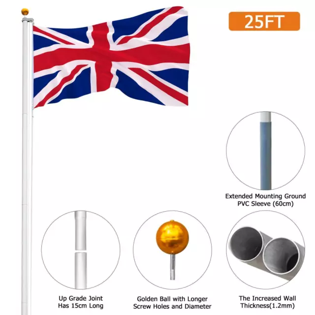 25FT Aluminium Sectional Flagpole Kit Telescopic Flag Pole+Flag Outdoor Garden