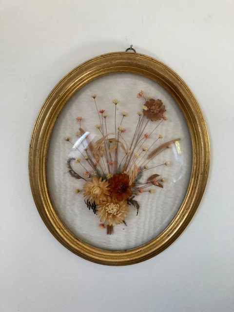 ANCIEN CADRE EN verre bombé bouquet de fleurs en tissu EUR 10,00 - FR