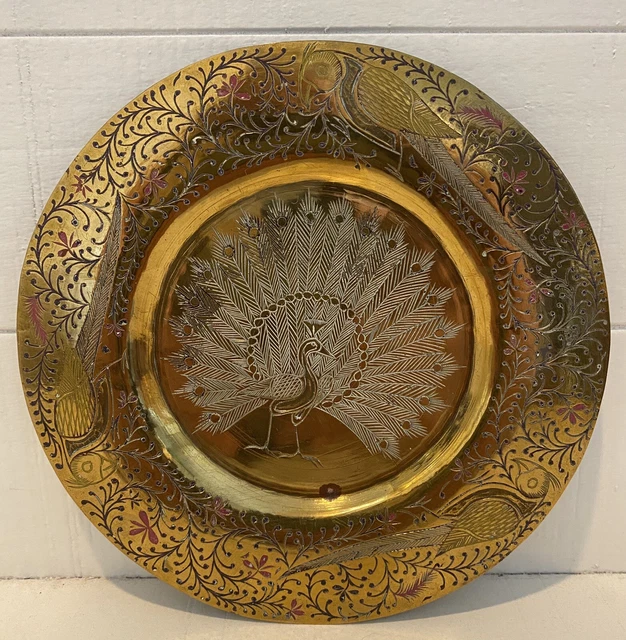 Vintage Brass Decorative Wall Plate Hand Painted Etched Peacock And Parrots 7”
