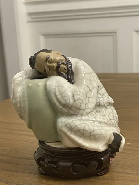 Shiwan Mudman Crackle Glazed Figurine of Man Sleeping on Vase ~ Vintage VGC