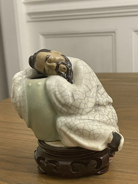 Shiwan Mudman Crackle Glazed Figurine of Man Sleeping on Vase ~ Vintage VGC