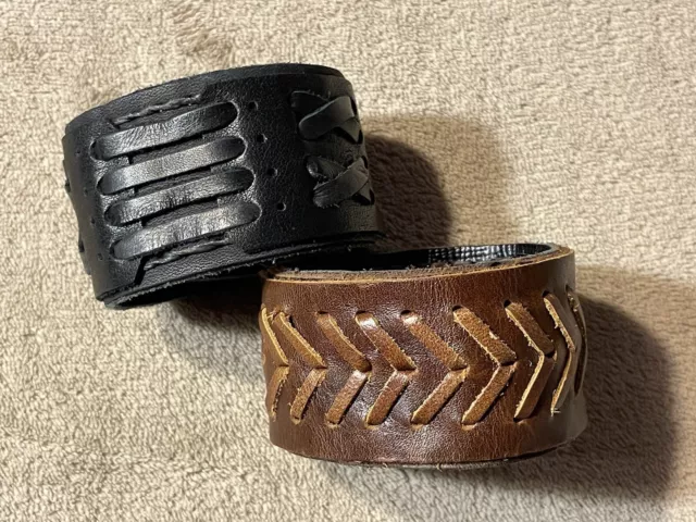 2 Handcrafted Recycled Genuine Leather Cuffs Bracelets Black Brown