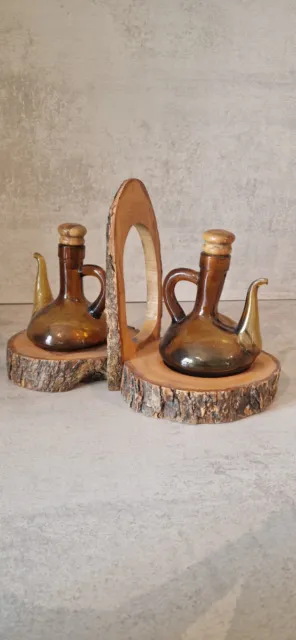 Magnifique Serviteur A Huile Et Vinaigre Bois Vintage Et Verre Teinté Complets