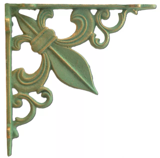 Wall Shelf Bracket Fleur De Lis Cast Iron Brace Bronze Patina Green 7.375"