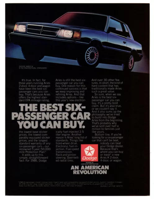 1986 DODGE Aries K Vintage Original Print AD | Chrysler black car photo USA