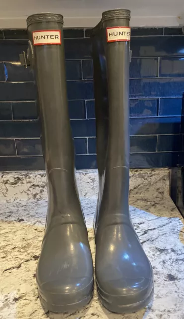 Hunter Women's Original Tall Gloss Rain Boot Gray Sz 8M 9F W23626 Waterproof