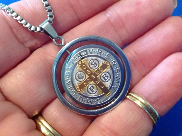 St BENEDICT Protection NECKLACE Two Tone Saint Medal Stainless Steel Spinner 27"