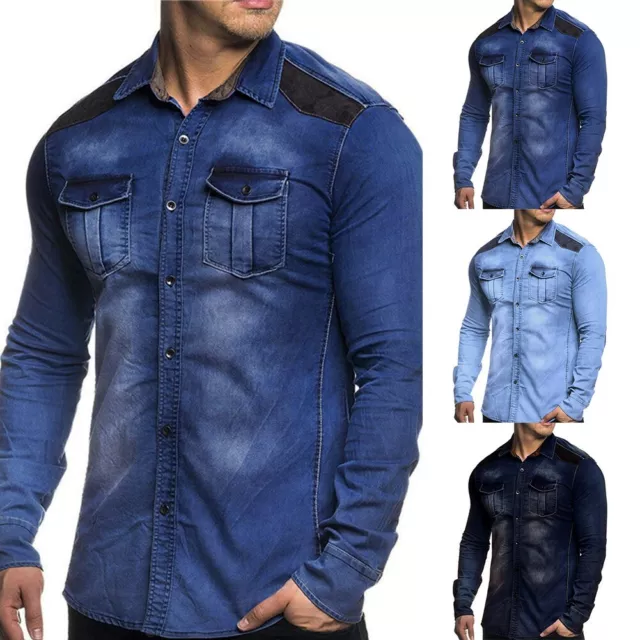 Jeans uomo tempo libero abbottonatura shirt maniche lunghe e taschino sul petto