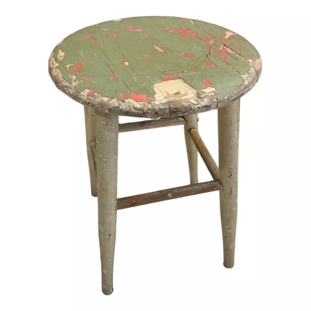 Antique Shabby Chic Green Pink Chippy Paint Wood Stool Farmhouse Rustic 16” Tall