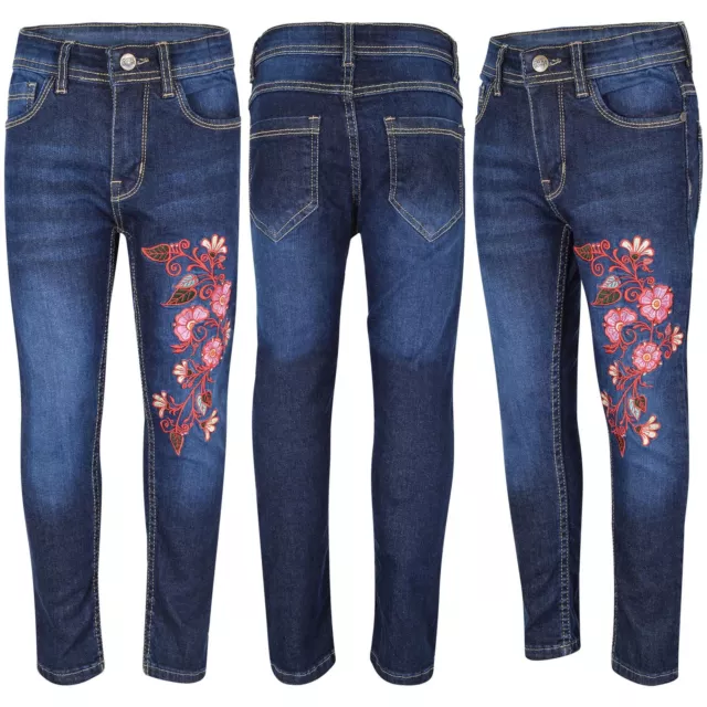 Kids Girls Jeans Dark Blue Embroidered Denim Comfort Stretchy Skinny Pants 5-13