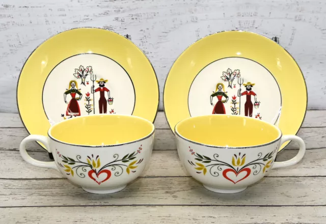 Set of 2 Homer Laughlin Farmer Rhythm Tea Cups & Saucers Dutch Farmer Yellow