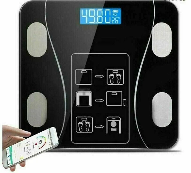 Bilancia Pesapersone Intelligente Digitale – Analisi Corpo Con App Bluetooth, 13 Parametri (BMI, Grasso, Muscoli, Acqua, Proteine), Vetro Temperato, 180 Kg