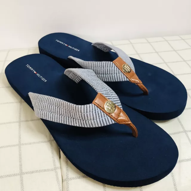 Tommy Hilfiger Flip Flops Leather Accent Dark Blue Gray Stripe Women’s Size 9M