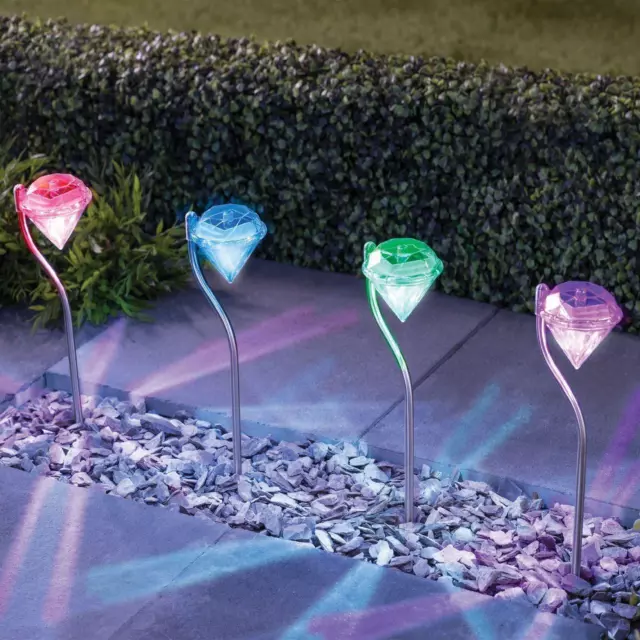 4pc Led Diamond Solar Power Light Outdoor Garden Modern Stylish Stainless Steel