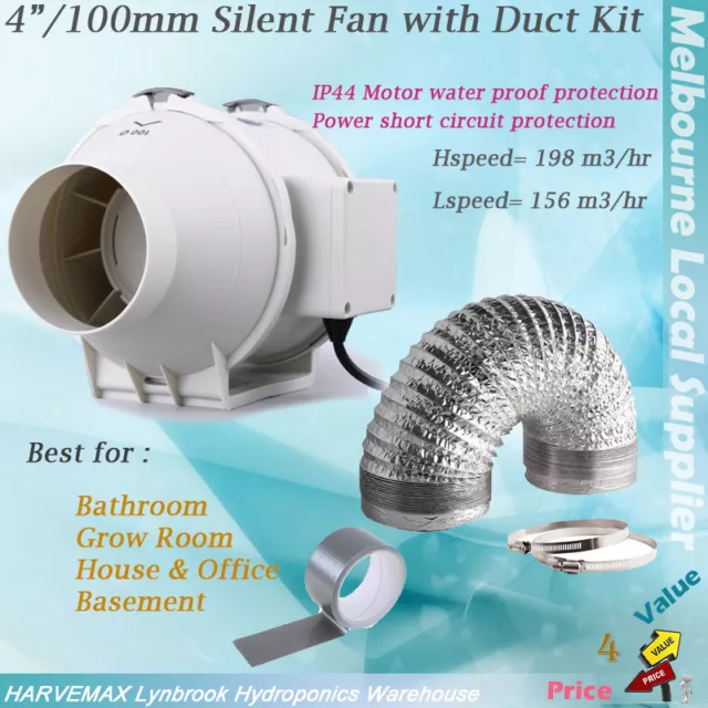 Hydroponics Low Noise 4" Inline Fan Duct Kit Ventilation Ducting 4Inch Exhuast