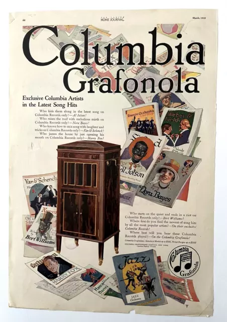 1920 Columbia Grafonola Phonograph Record Music Jolson Bayes Jazz Fox Print Ad