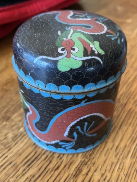 Antique Chinese Cloisonne Tea Caddy Box Lidded Jar Enamel Vintage Dragon