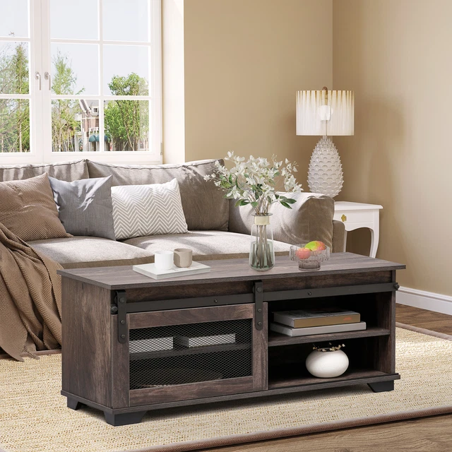 Rustic Coffee Table, Sliding Barn Door TV Stand Media Console Storage Cabinet
