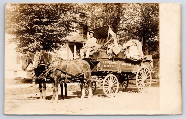 Park Ridge Chicago IL~LD Perkins Storage & Moving Horse Drawn Wagon~c1910 RPPC