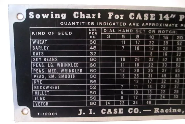 J I Case 14 Plow Press Drill Implement Tin Sowing Chart ID Plate Tag Emblem Sign 2