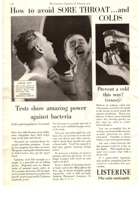 1929 Listerine Antiseptic "How To Avoid A Sore Throat" Shaving Cream Print Ad