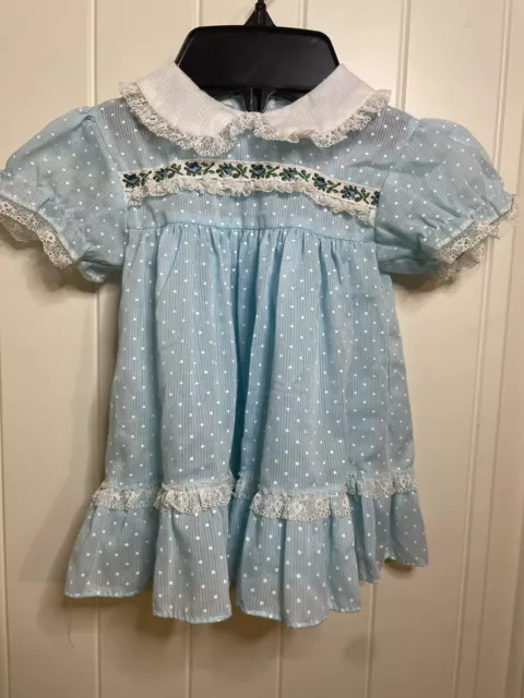 Vtg Late 70’s Toddler Dress Blue & White Lace Ruffles Easter No Brand/size Gift