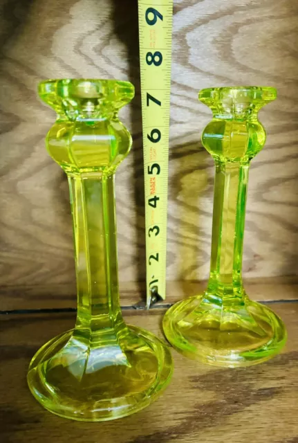 Vintage Pair of Fenton/Vaseline Glass Candle Sticks 7 in tall, Stunning Old!!