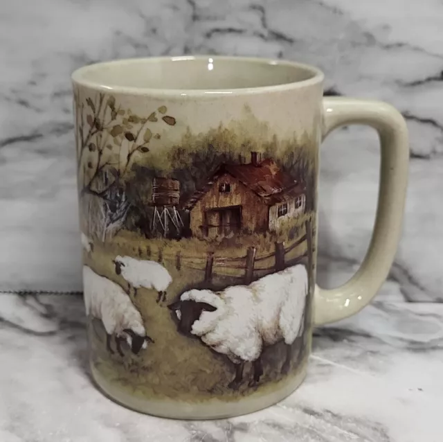 Very Attractive Vintage Otagiri Coffee Mug. Sheep on a Farm. A Barn. Water Tower