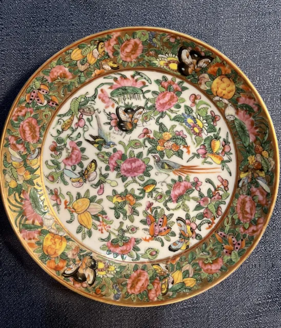 18th-19th century Chinese antique pastel flower, bird and butterfly plate