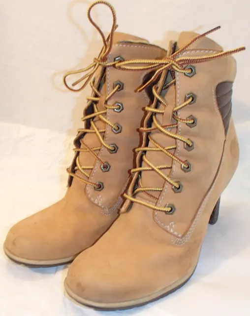 Timberland Women's High Heel Lace Up Genuine Leather Boots Wheat Nubuck Size 7.5