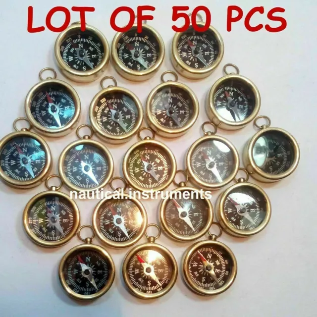Lot Of 50 PCs Brass Nautical Maritime Antique Open Face Pocket Keychain Compass