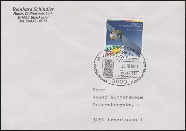 1527 EUROPA Weltraumfahrt, EF Brief SSt Saarbrücken Europa-Marken 20.10.1991