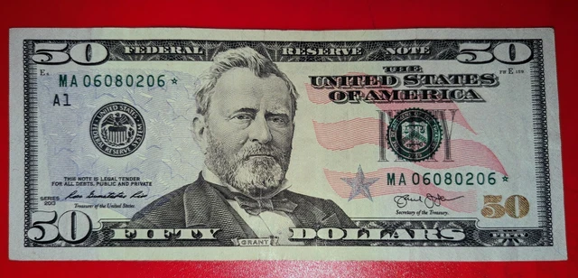 ⭐ $50 fifty dollar Star Note. Series 2013 U S Federal Reserve⭐