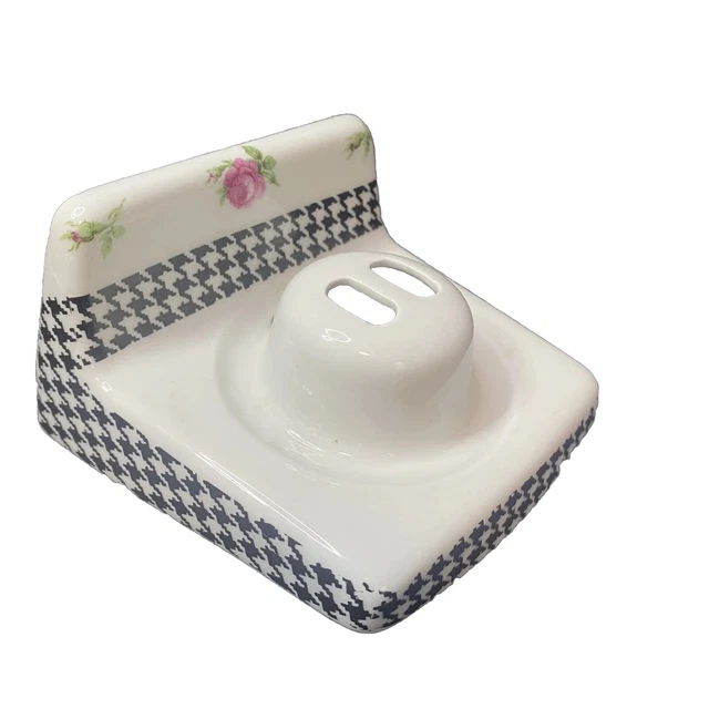 Limoges Porcelain Toothbrush Holder Houndstooth tweed Floral  Wall Mounted