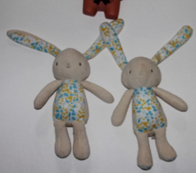 Doudou Peluche  Klorane Lapin Blanc Beige Fleur Jaune Bleu Lot  2 Neuf