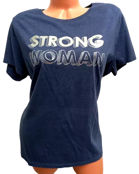 WOMEN'S BLUE SILVER metallic foil strong woman short sleeve stretch top ...