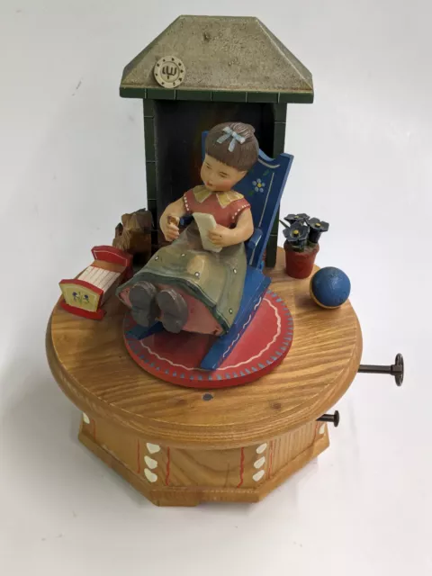 ANRI MUSIC BOX Girl In Rocking Chair Thorens Movement "Scarlet Ribbon"