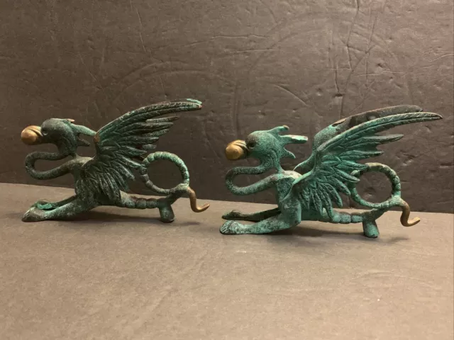 Asian Dragons Pair Cast Iron Metal Sculptures With Balls In Their Mouths 6” VTG