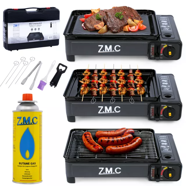 ZMC 2in1 Cocina de Gas Estufa Camping + Parrilla Incl. Cartuchos , Placa