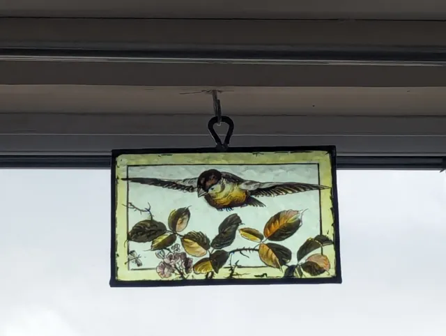 Renovated Victorian Compact Hanging Stained Glass Panel With Hand Painted Bird