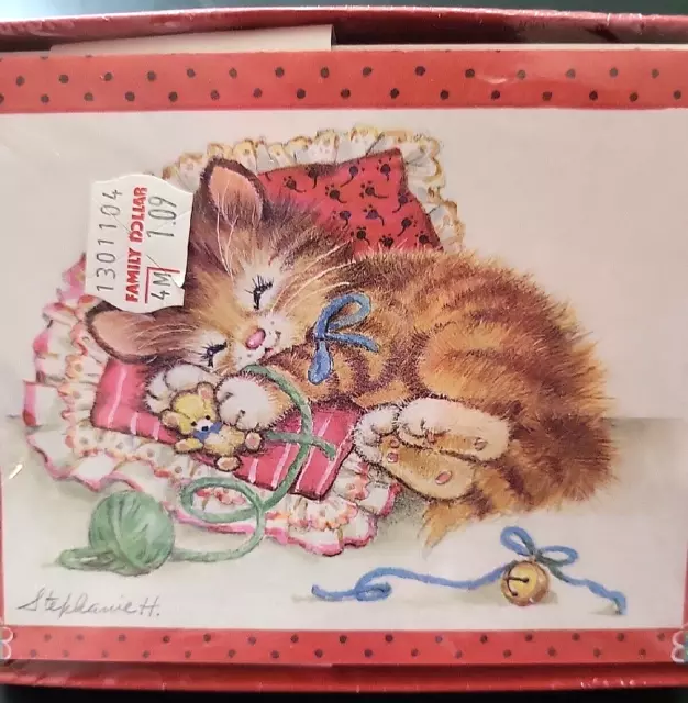 NOS Brown Tabby Cat Note Cards Sleepy Kitten Laying on Pillow Sealed Box 8069