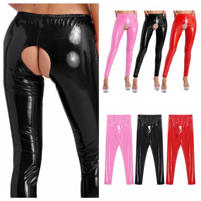 Ladies Wetlook Leather Faux Leather Look Thermal Leggings With