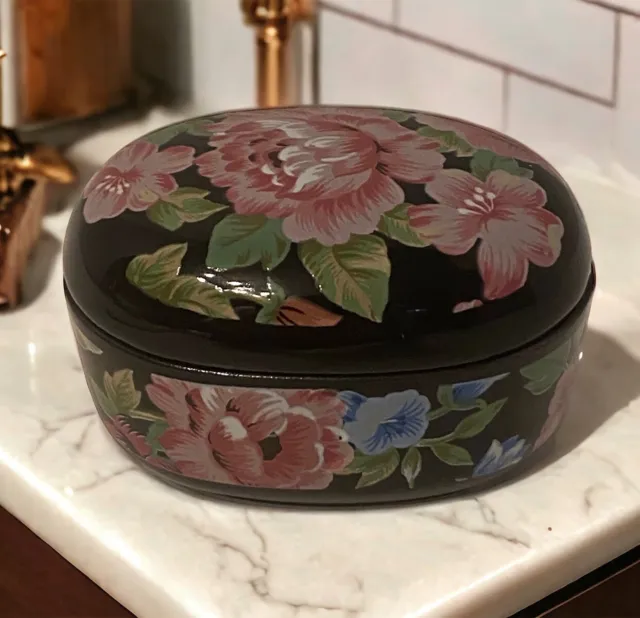 VTG Otagiri Tavistock Floral Garden Small Black  Trinket Ceramic Keep Box 2”X 3”