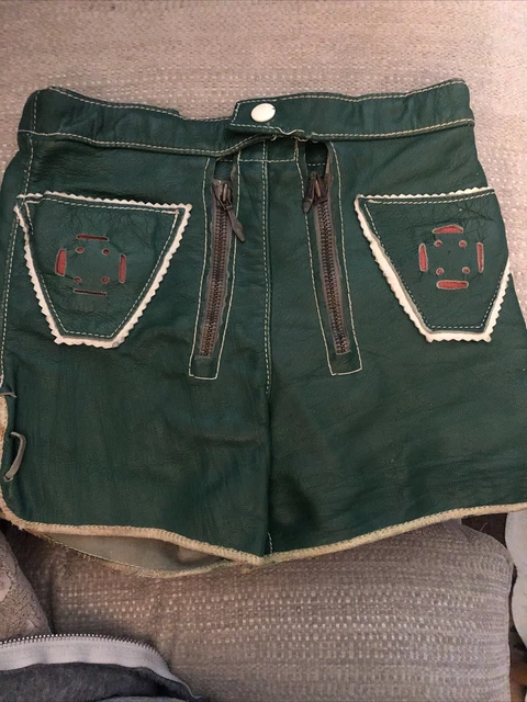 Vintage German Lederhosen Leather Shorts Kids Unisex 4T/5T Green Zippers Novelty
