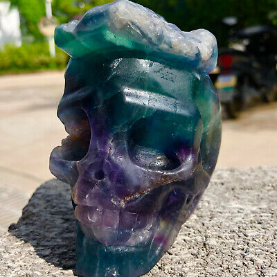 2.6LB Natural fluorite skull quartz hand carved crystal skull healing FD772