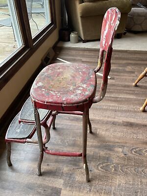Cosco Stylaire Retro Vintage 50's Counter Chair Step Stool Red Metal Chrome 5