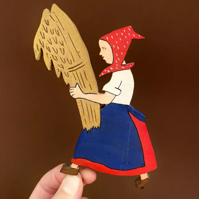 Märchen-Holzbild Laubsägearbeit 1930er Mini Figur 13cm Jahreskranz Erntedank d)