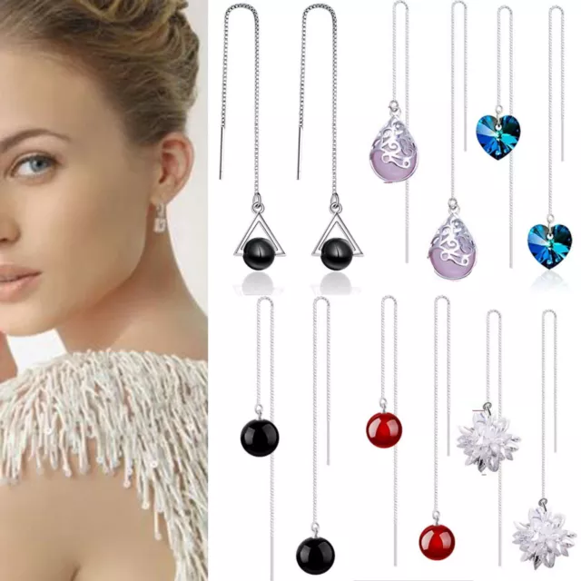 Ladies Jewelry 925 Sterling Silver Agate Crystal Party Wedding Threader Earrings