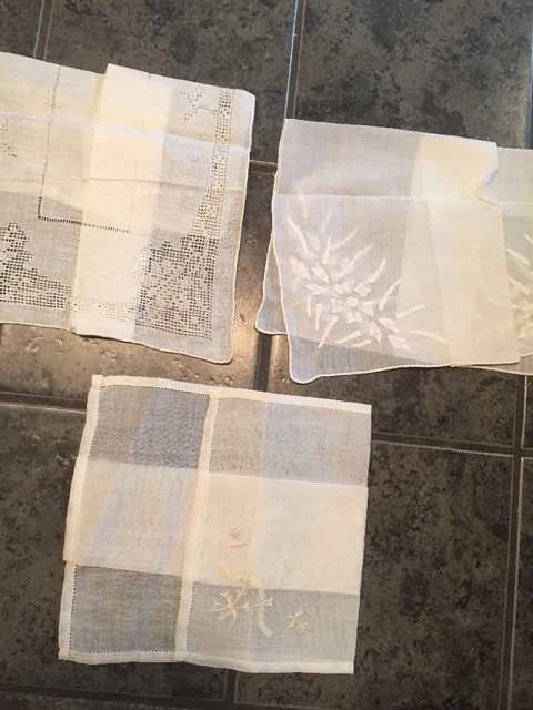 Vtg 60s Hankie Handkerchief White Linen embroidery Pulled Thread Wedding Lot 3