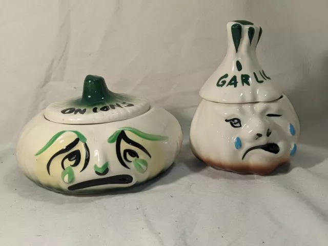 1950's Japan Anthropomorphic Crying Onion and Garlic Lidded Jar Set